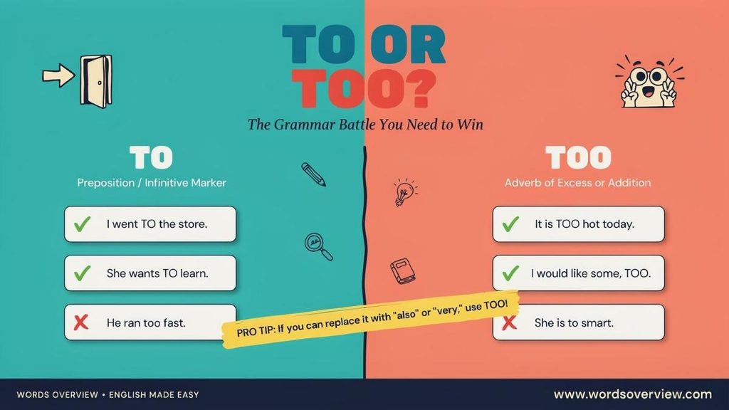 difference between to and too in English grammar
